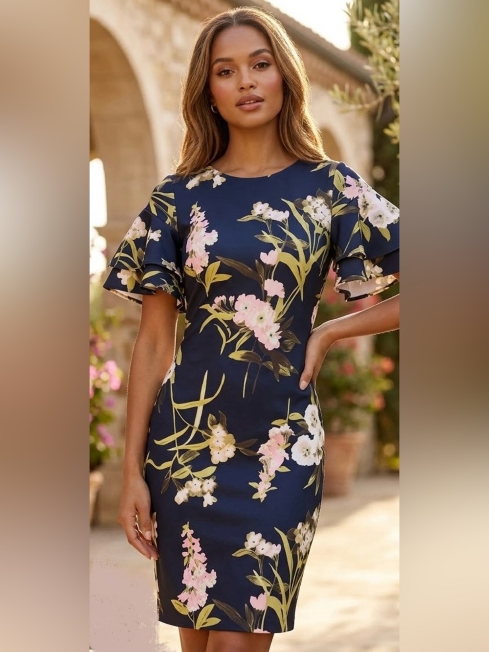 4 Tommy Hilfiger Floral Navy Sheath Dress with Ruffle Sleeves